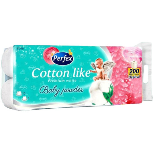 Туалетний папір Perfex Cotton Like дитяча присипка 3-х шаровий 10шт Туалетний папір Perfex Cotton Like дитяча присипка 3-х шаровий 10шт