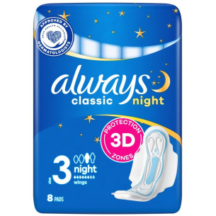 Гігієнічні прокладки Always Classic Night, 6 крапель, 3 розмір, 8шт Гігієнічні прокладки Always Classic Night, 6 крапель, 3 розмір, 8шт