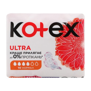 Гігієнічні прокладки Kotex Ultra Normal, 4 краплі, 10шт Гігієнічні прокладки Kotex Ultra Normal, 4 краплі, 10шт