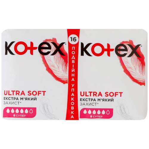 Гігієнічні прокладки Kotex Ultra Super Duo, 5 крапель, 16шт Гігієнічні прокладки Kotex Ultra Super Duo, 5 крапель, 16шт