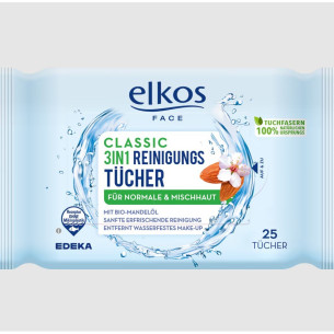 Вологі серветки для зняття макіяжу Elkos Classic 3in1 25шт Вологі серветки для зняття макіяжу Elkos Classic 3in1 25шт