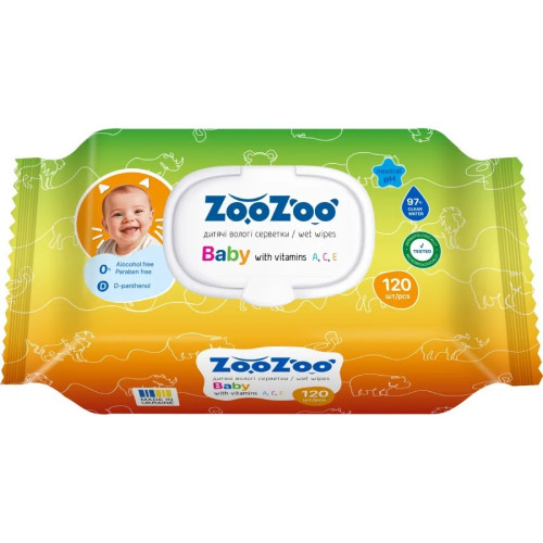 Вологі серветки ZooZoo дитячі з вітамінами А,С, Е 120шт Вологі серветки ZooZoo дитячі з вітамінами А,С, Е 120шт