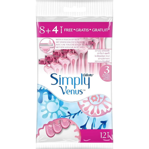 Станки для гоління жіночі одноразові Gillette Simply Venus з 3 лезами, 12шт Станки для гоління жіночі одноразові Gillette Simply Venus з 3 лезами, 12шт